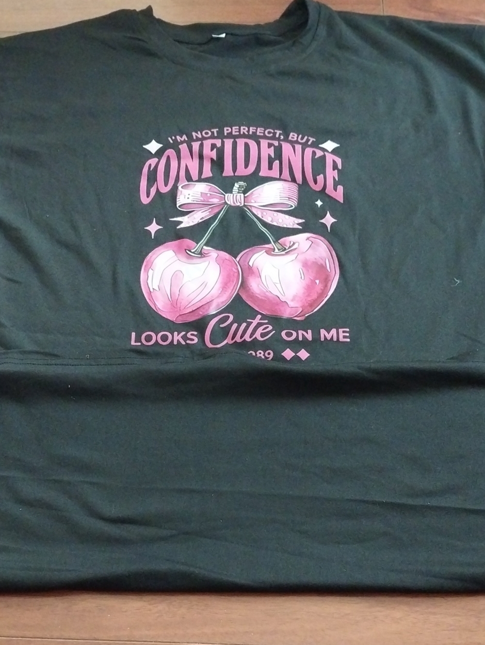 Woman's Black Graphic Tee Dress with Pink Cherry Confidence Print